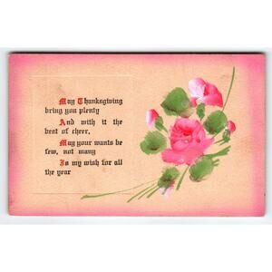 1911 Hand Colored Thanksgiving Postcard Pink Roses Vintage Lithograph
